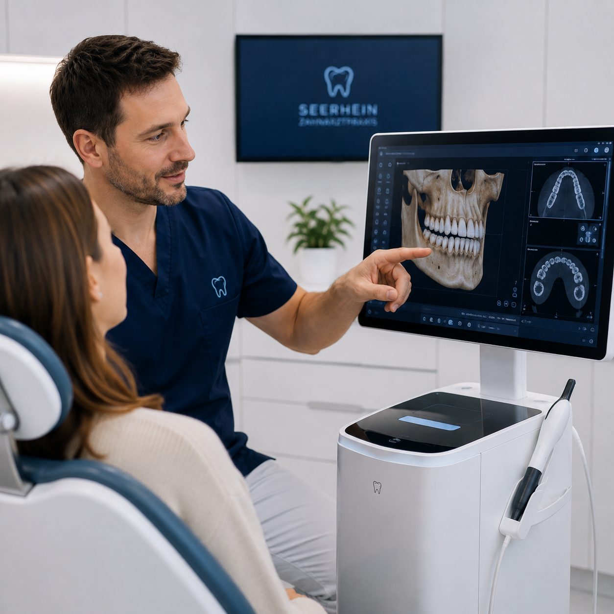 3D-Diagnostik: Zahnarzt erklaert Patientin ein digitales Röntgenbild
